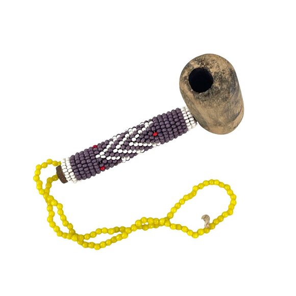Vintage Wooden Beaded Pipe With Yellow Bead Strap - Picture 2 of 7